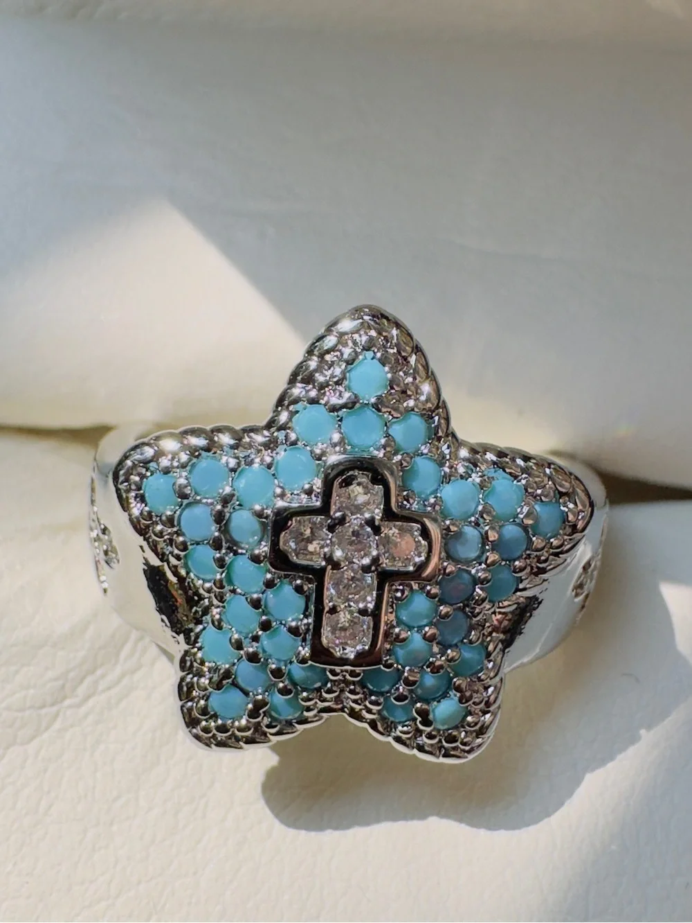 Silver Star Cross Ring with Turquoise Accent - Women's Jewelry